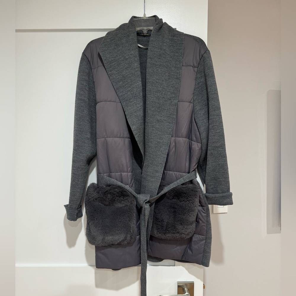 Kobi Halperin Ronna Mixed Media Wool Blend Sweater Belted Puffer Style Gray XXL
